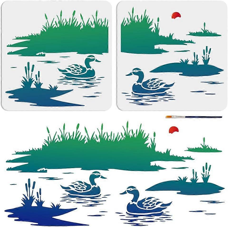 2pcs Duck Reeds Stencil 2210.6inch Splicing Style Sunset River Landscape Stencil with Paint Brush 11.811.8inch Nature Duck Lake Drawing Template for A