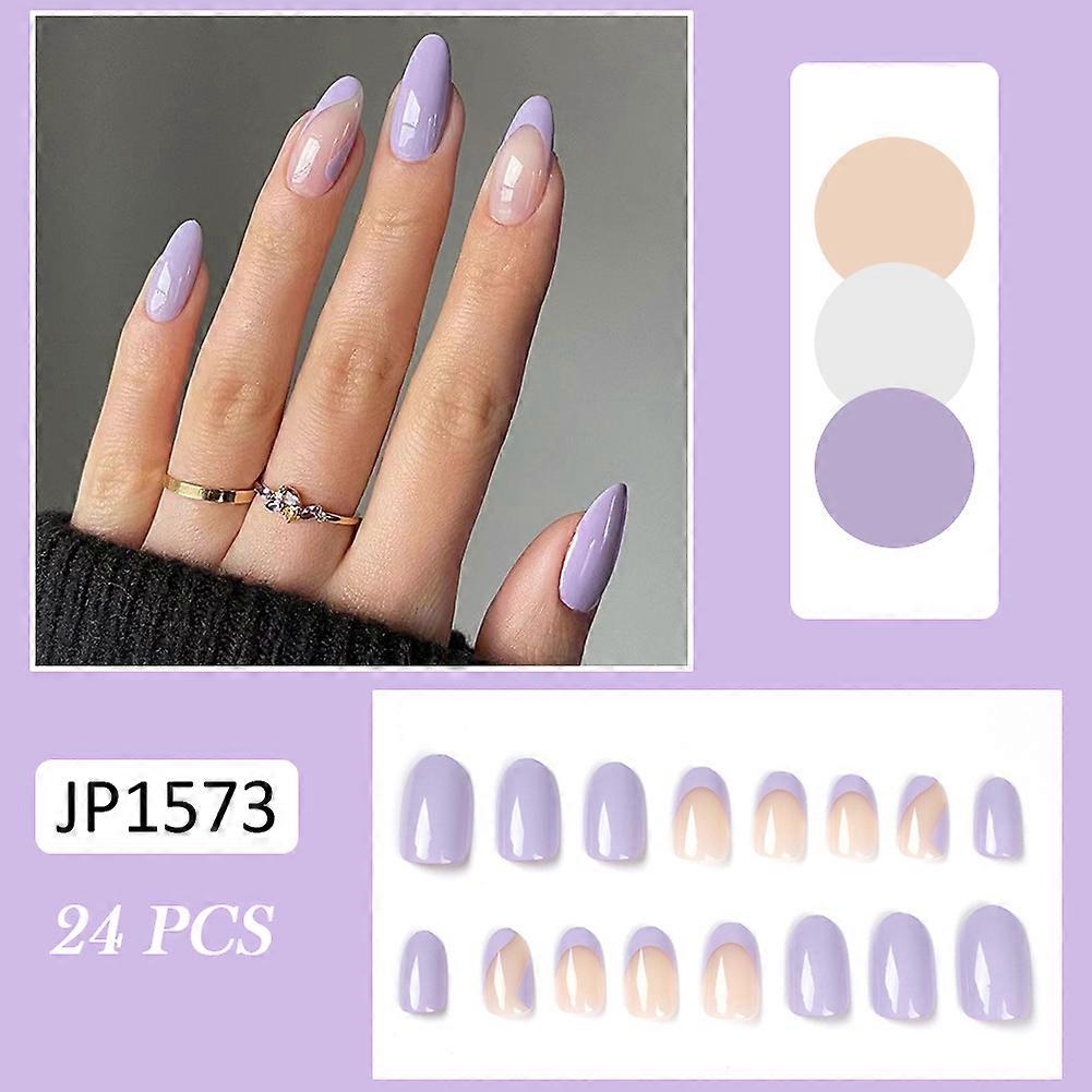 24PCS Pure Purple False Nails Long Oval Round Tip Women Girls Artificial Nails