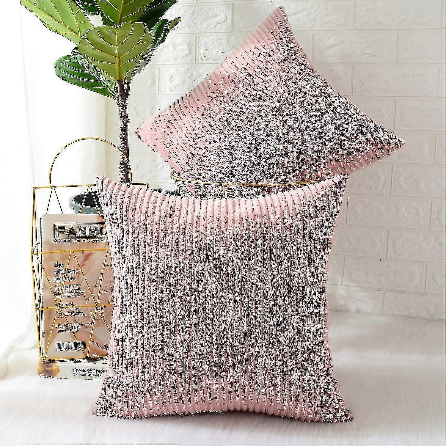 クッションとクッションカバーセット2スクエア装飾クッションカバーコーデュロイピーチピンクストライプデコレーションカウチソファベッドチェア45x45cm