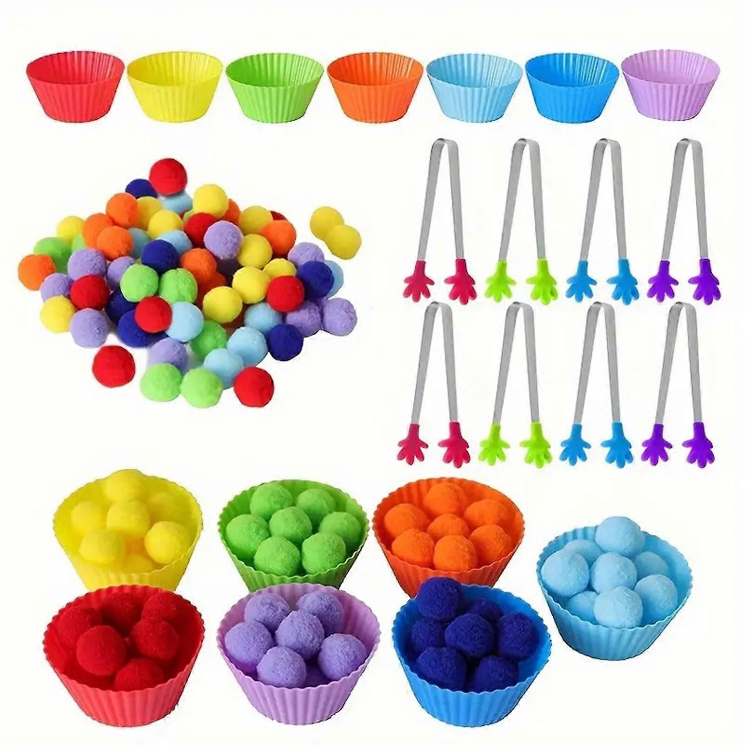 78Pcs/Set Kids Color Sorting Toy with 7 Bowls 70 Pompoms Clip Preschool Learning Ball Counting
