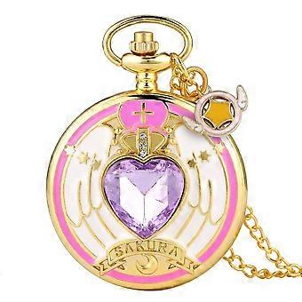 Luxus Gold Herzförmige Edelstein Quarz Taschenuhr mit Cardcaptor Sakura Accessoire Anhänger Halskette Kette Steampunk Frauen Geschenke