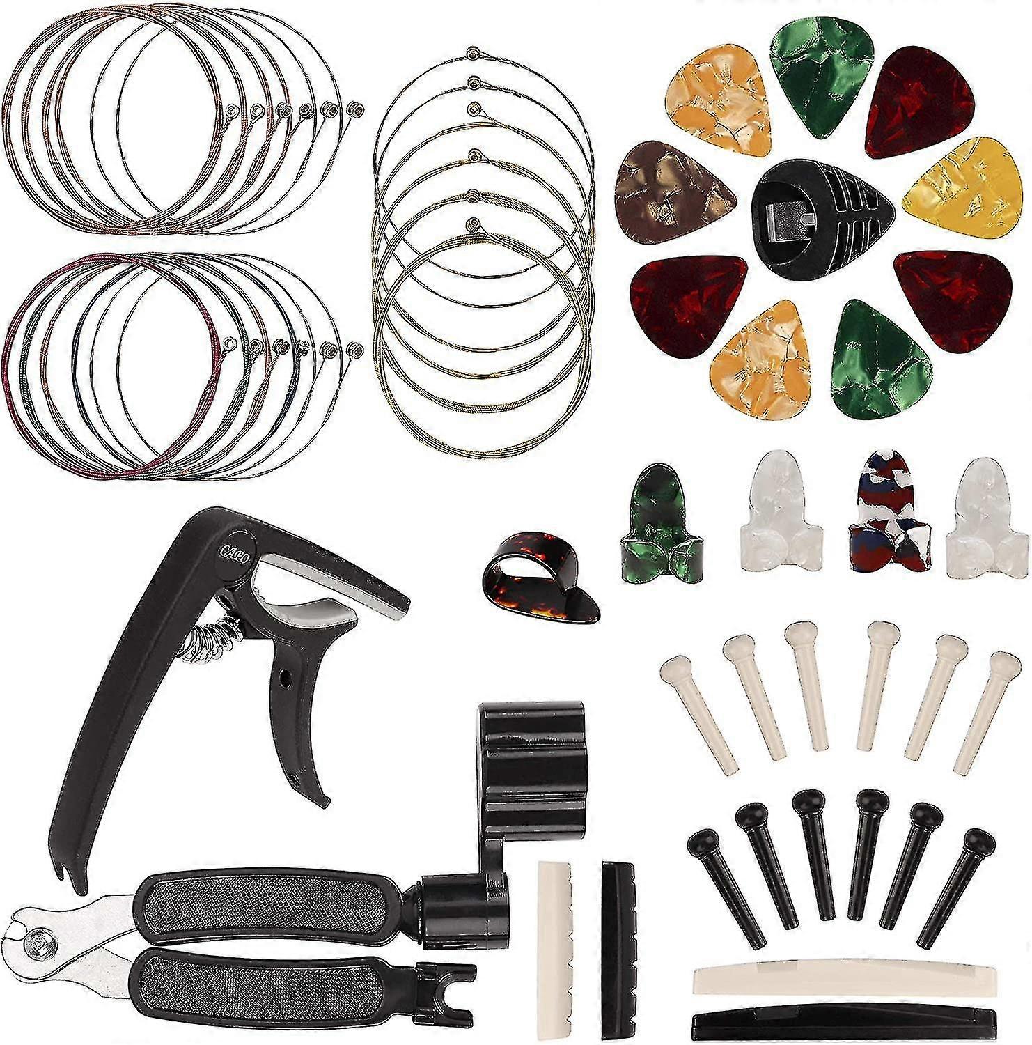 Guitar Accessories Kit, Strings Changing Tools Playing Maintenance Tool 51pcs, Including Picks, Capo, Acoustic Strings, String Winder, Bridge Pins, Fo
