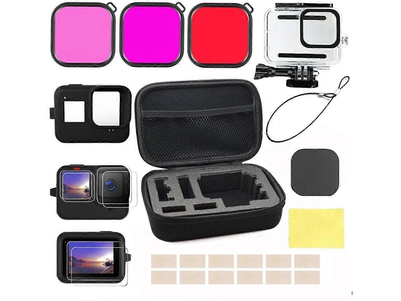 Accessories Kit for GoPro Hero 12 / Hero 11 / Hero 10 / Hero 9 Black with Shockproof Small Case + Waterproof Case + Tempered Glass Screen Protector + 