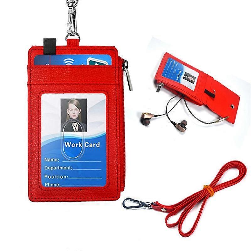 Office Unisex PU Leather ID Badge Card Holder Wallet with 5 Card Slots 1 Side RFID Blocking Pocket with Neck Lanyard Strap