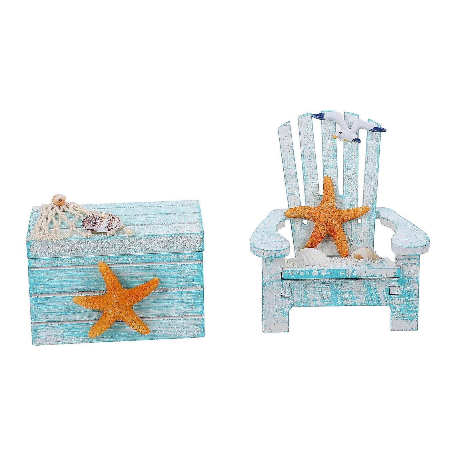 2Pcs Mediterranean Style Beach Chair Ornament Mini Wooden Box Adornments