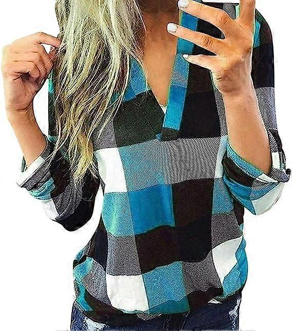 Flanelowa koszula w kratę dla kobiet - długi rękaw z dekoltem w serek zapinany na guziki z klasycznym wzorem w kratkę do noszenia na co dzień i wygody