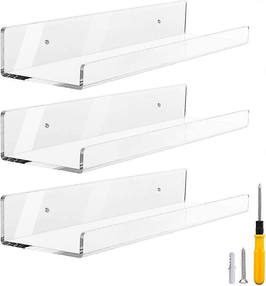 Acrylic Floating Shelves Set of 3,15 Inch Clear Invisible Floating Shelves-Bathroom Ledge and Small Toy Display, 5mm Thickness