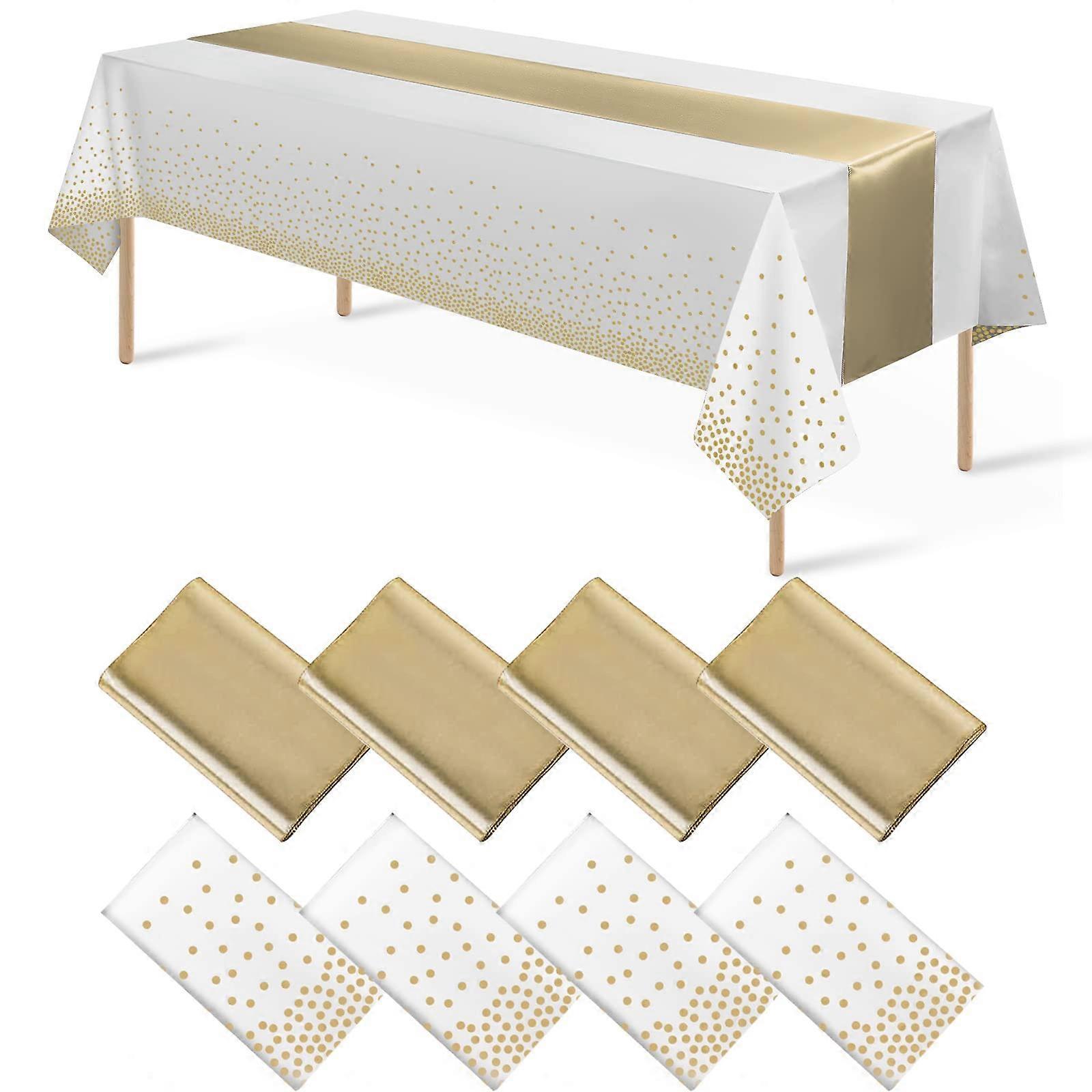 8Pack Disposable Plastic Tablecloths - Gold Dot and Satin Table Runner Set for Parties