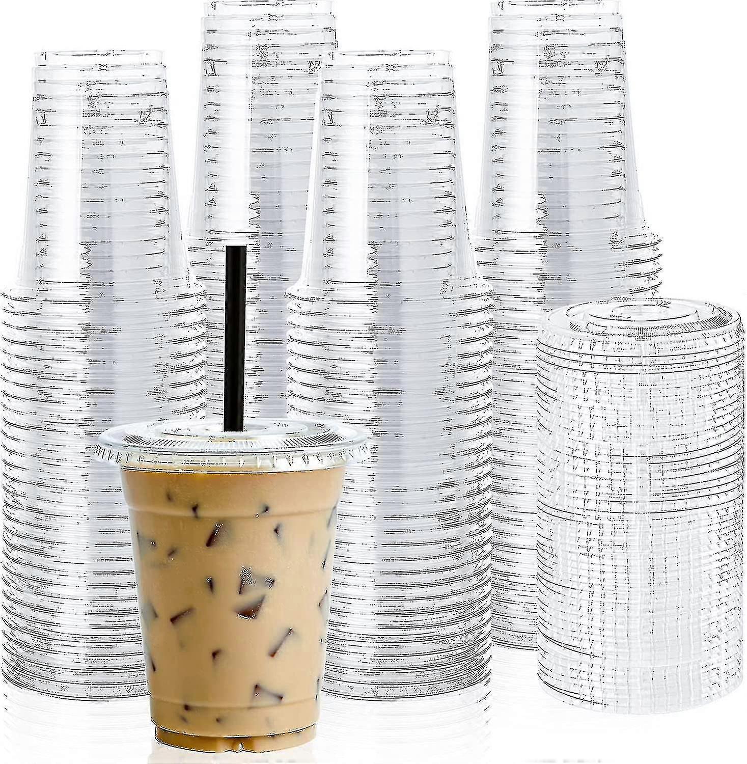 100 Sets 12oz Clear Plastic Cups with Flat Lids Disposable