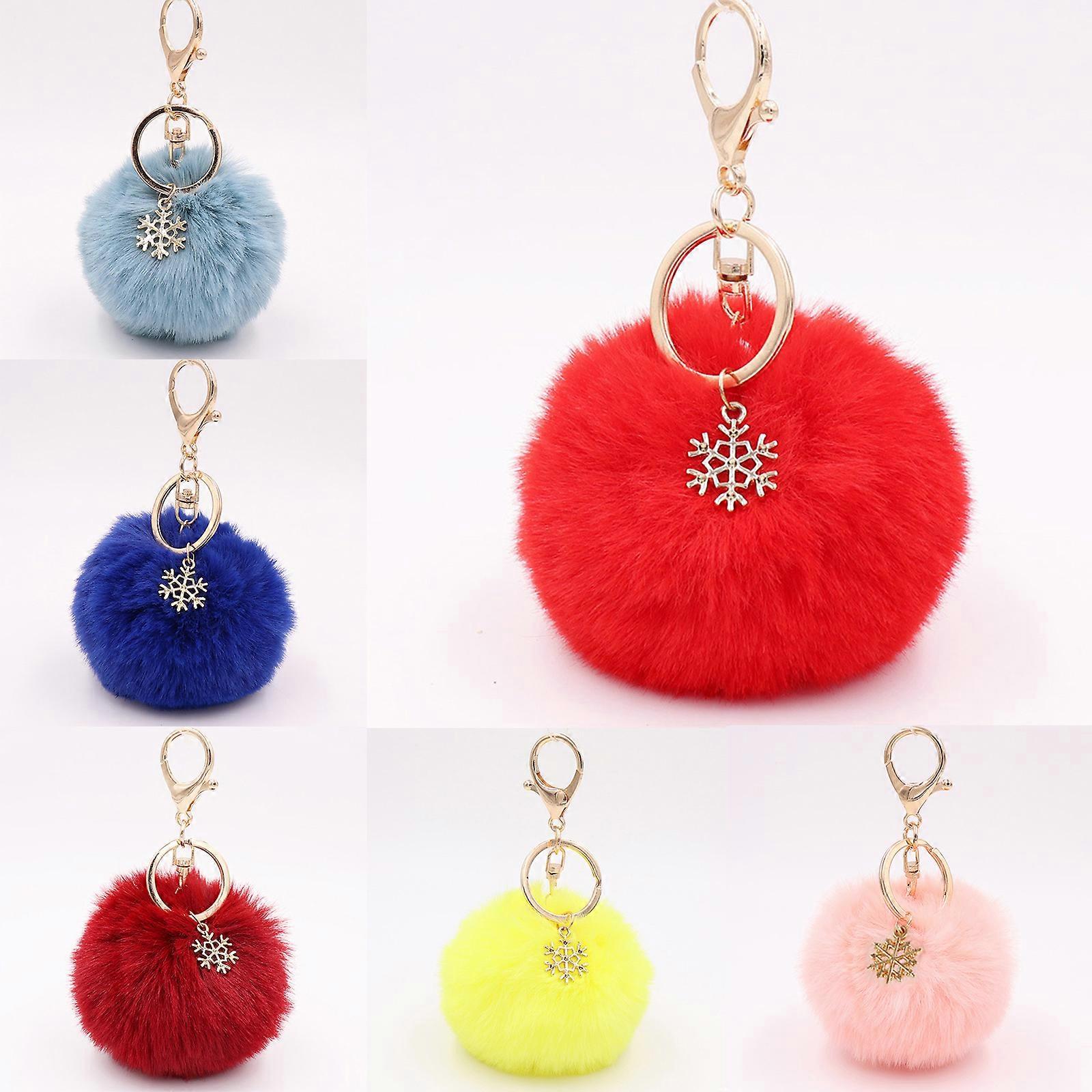 Pom Pom Keychain with Snowflake Pendant Charms Furry Fluffy Plush Ball Keyring  sapphire