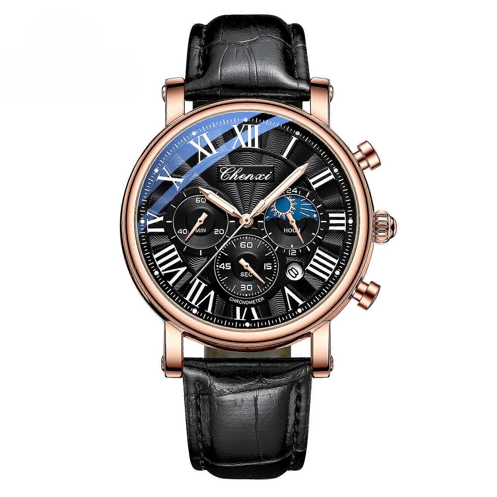 Multi-function Business Moon Phase Date Waterproof Rome Analog Imported Men Wristwatch Dial Quartz Leather Watches