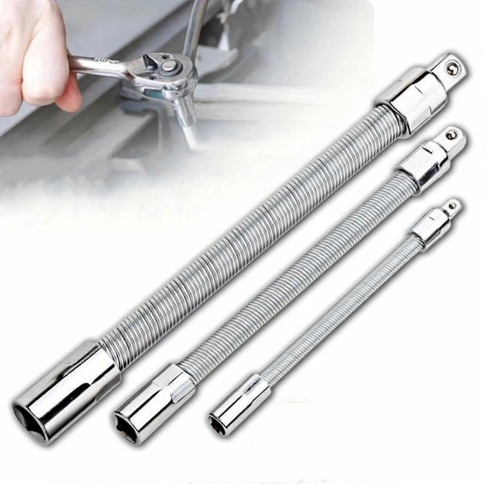 3-Piece Flexible Socket Extension Bar Set - 1/2', 3/8', Shaft 1/4' Drive, 10', 8', 6' - Spring-Loaded Detent Balls