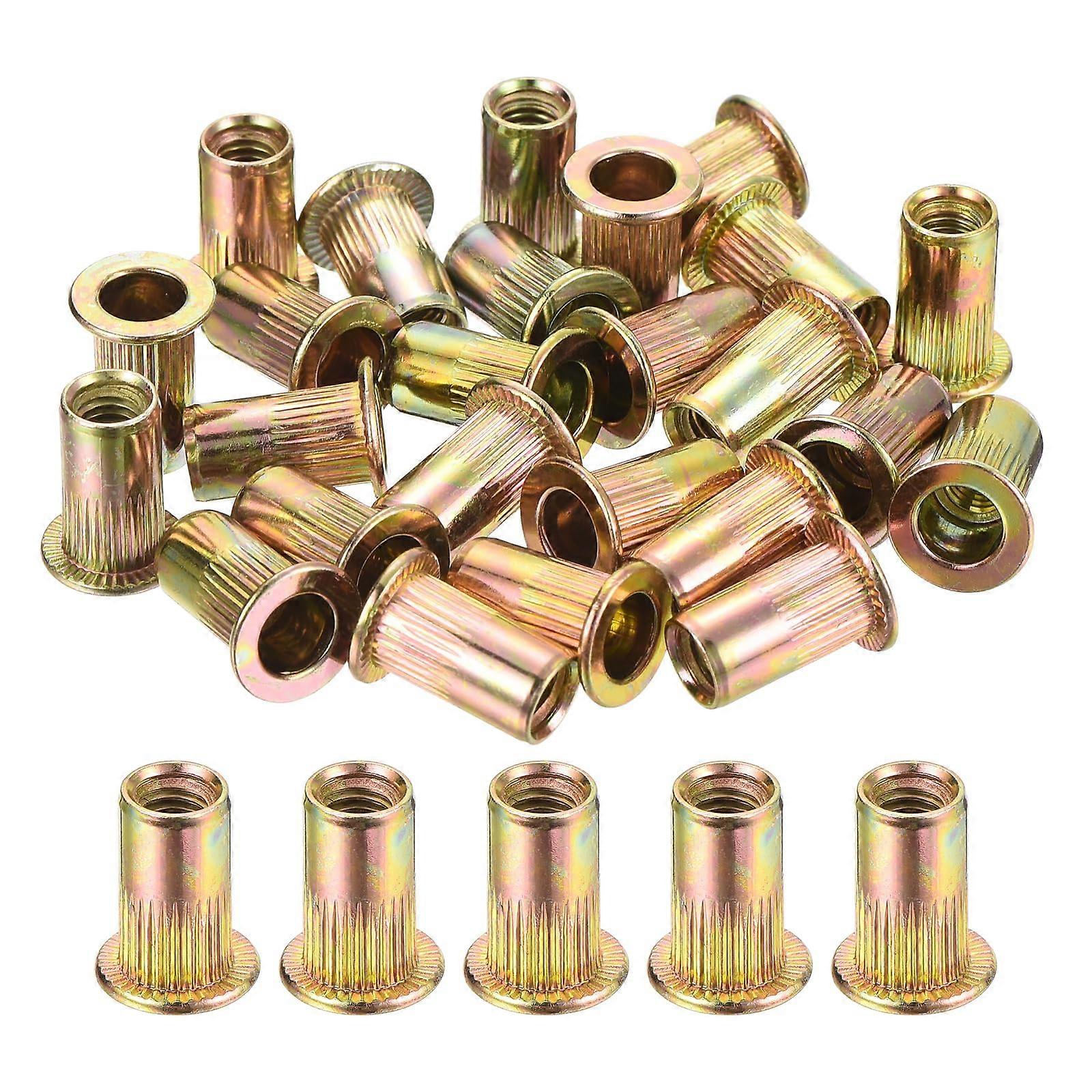 150Pcs Rivet Nut Flat Head #10-32 Carbon Steel Threaded Insert Nuts Zinc Plated Knurled Body for Metal Applications