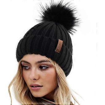 ​Women's Faux Fur Pom Pom Knit Beanie - Winter Warm Skull Cap with Foldable Brim for Outdoor Activities​