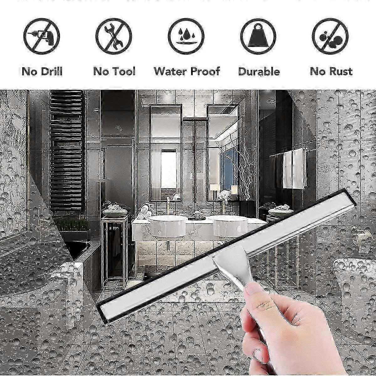 Window Squeegee,Stainless Steel Squeegee With Suction Cup Hooks Holder