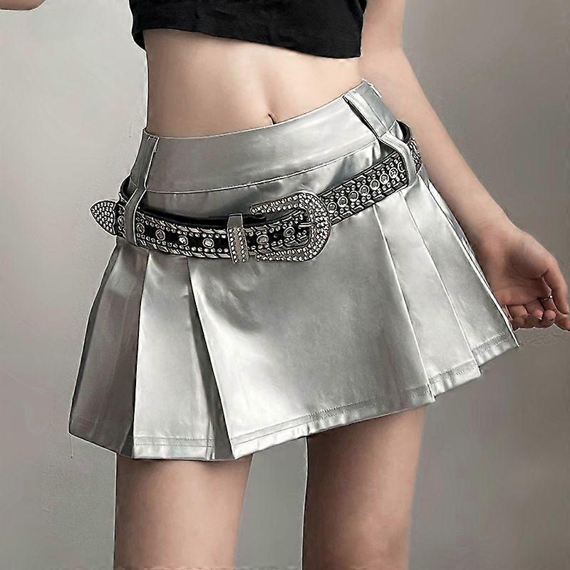 Women's High Waist Metallic Pleated Mini Skirt Street Style A-Line Skater Skirt (Belt Not Included)