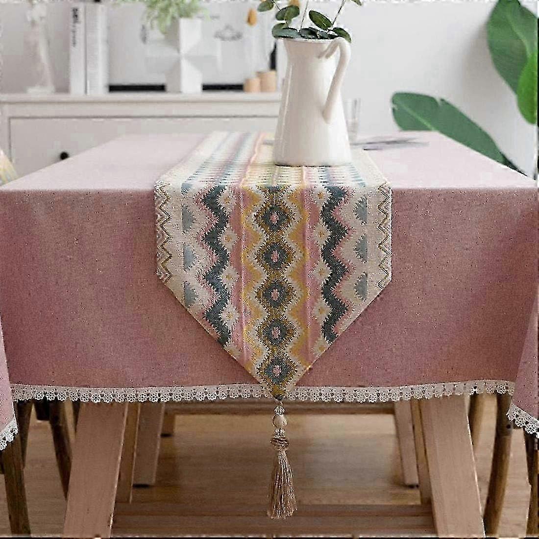 Bohemian Colorful Wave Table Runners with Tassels Geometric Jacquard Design for Country Style Table and Dresser Decoration (Wave B, 13 x 106