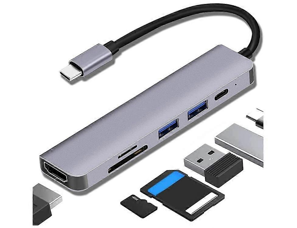 6 in 1 Type C Hub Hdmi 4k 60hz Adapter Ultra Slim SD Micro Adapter ,USB 3.0 Splitter Data Hub Dock Station for Macbook PC Desk Dell(Grey)