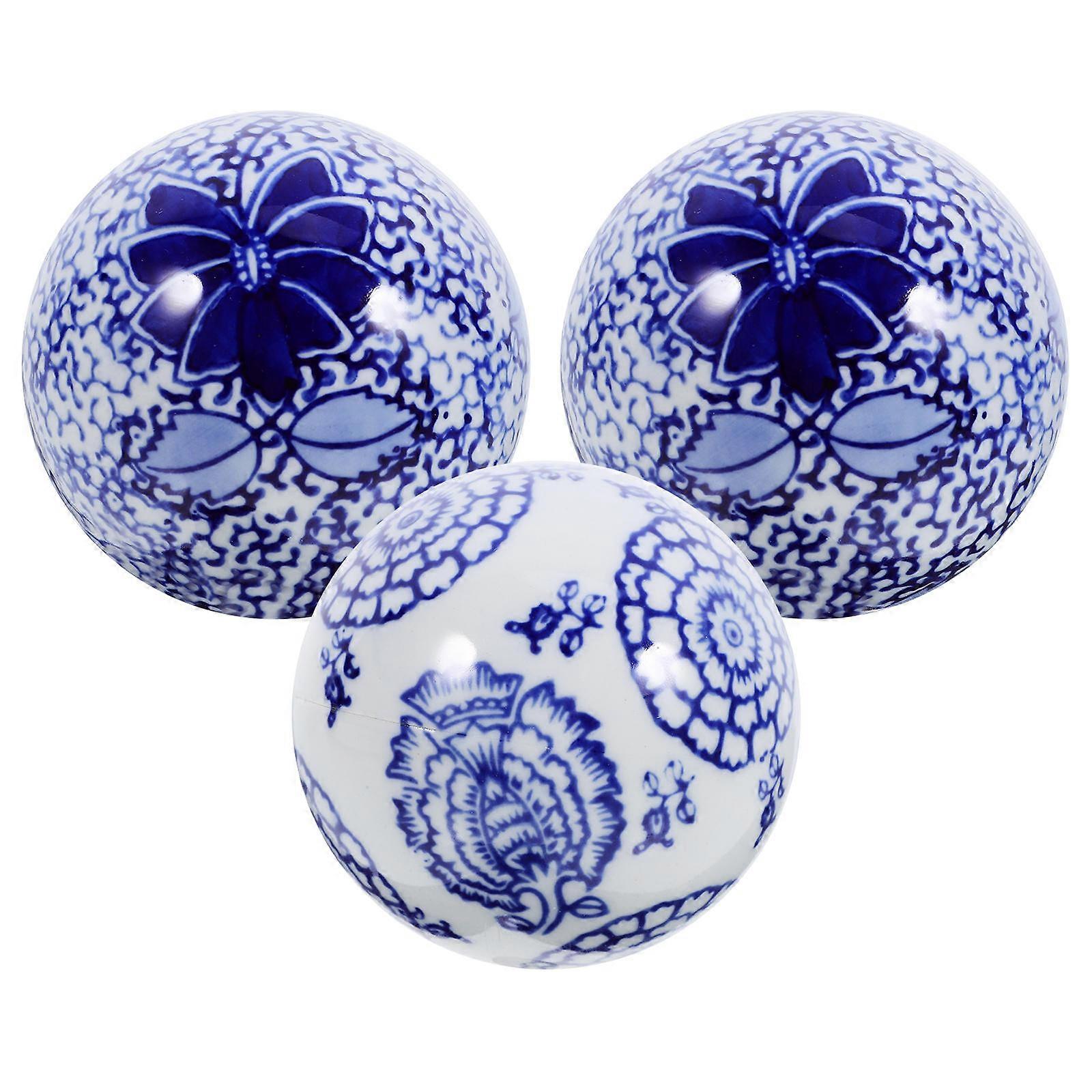 Decorative Spheres Ceramic Ornaments Elegant Design for Tea Table 3Pcs Blue