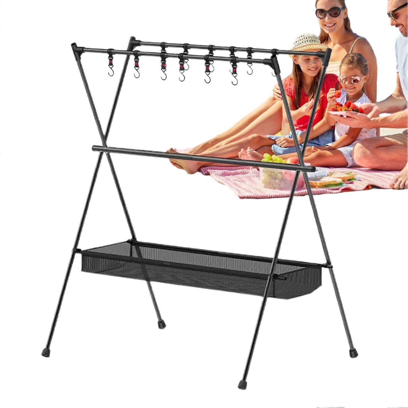 Foldable Camping Storage Shelf – Collapsible Rack with Hooks, Stove Pan Hanger with Mesh Pocket for Travel, Picnic, Hiking, Fishing, BBQ