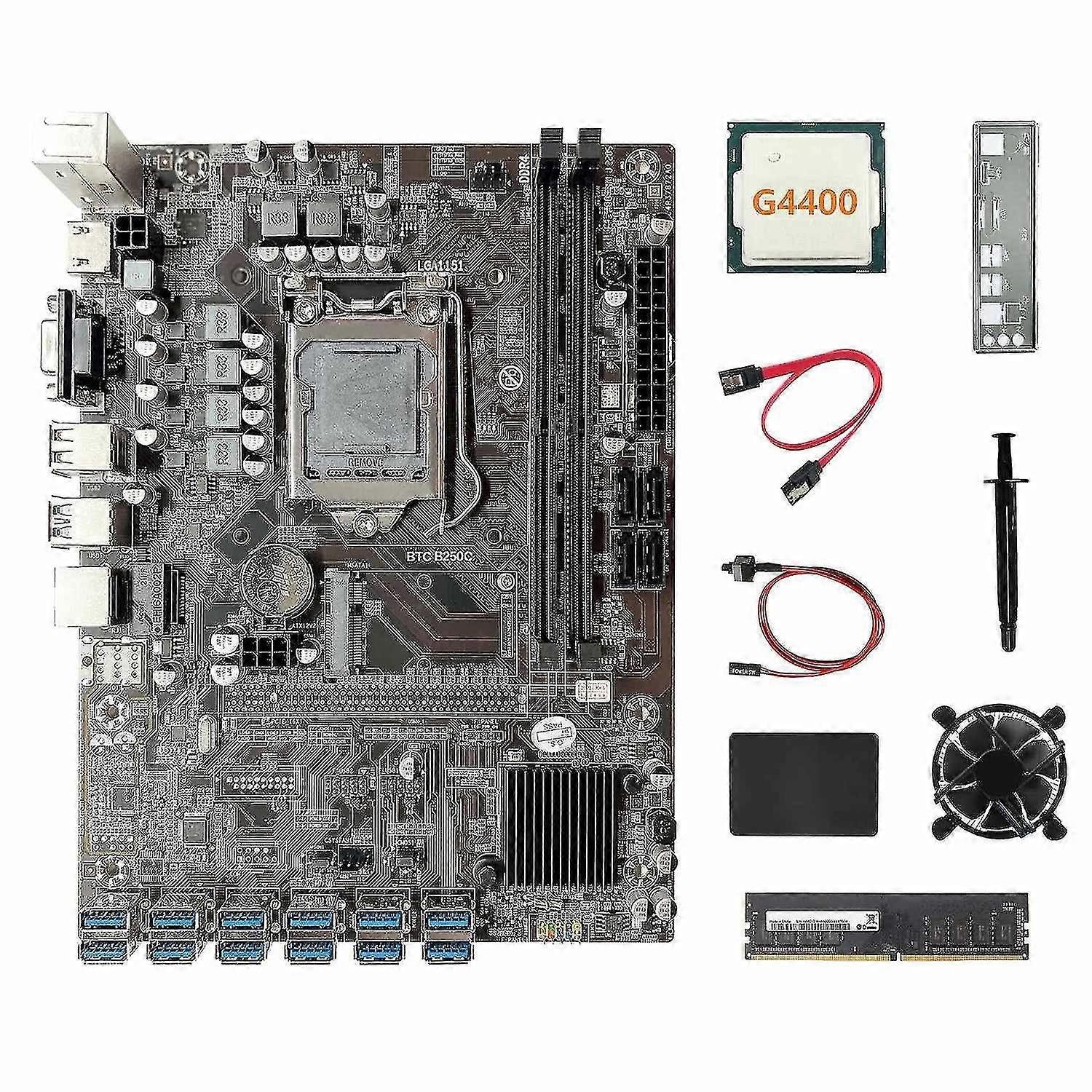 B250c Eth Mboard 12usb+g4400 Cpu+ddr4 8gb Ram+128g Ssd+fan+sata Cable+s Cable+ Gre