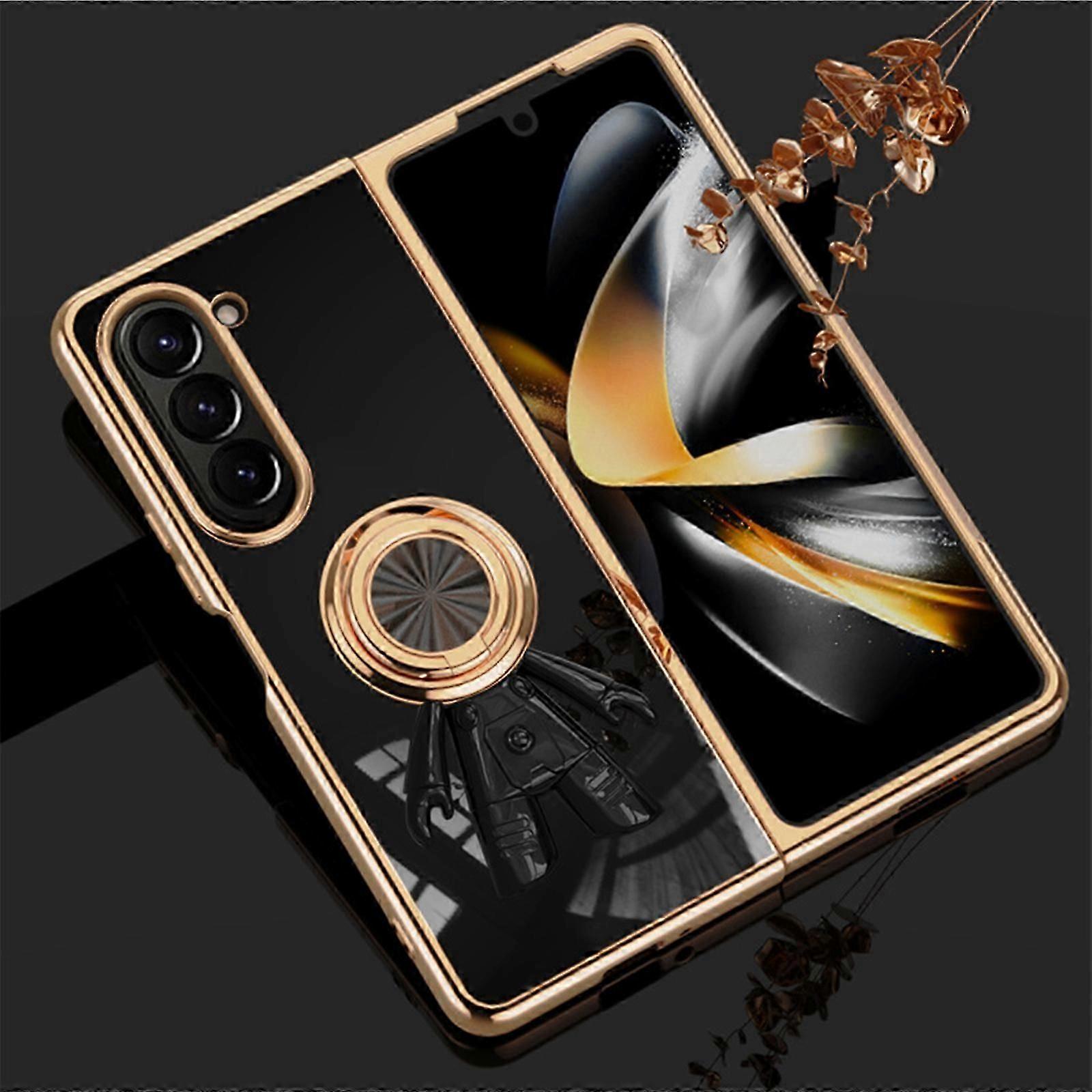 Electroplated Astronaut Stand Case for Samsung Galaxy Z Fold 6with 360 Degree Ring Holder, Thin Protective Case Compatibility with Magnetic Car Holder