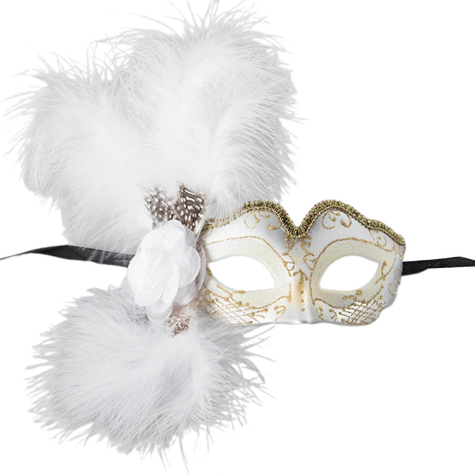 女性のための羽のマスカレードマスク、花の装飾、アイマスク、マスカレード、ハーフフェイスマスク、マスカレード、コスチュームアクセサリー、ホワイト