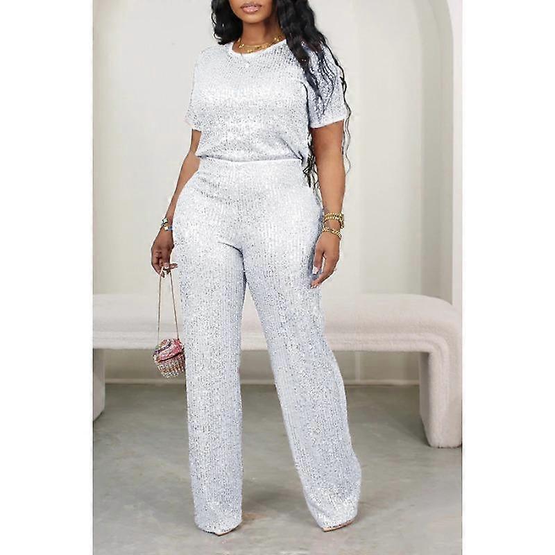 Women's Short Sleeve Sequins Casual Two Piece Suit Pants