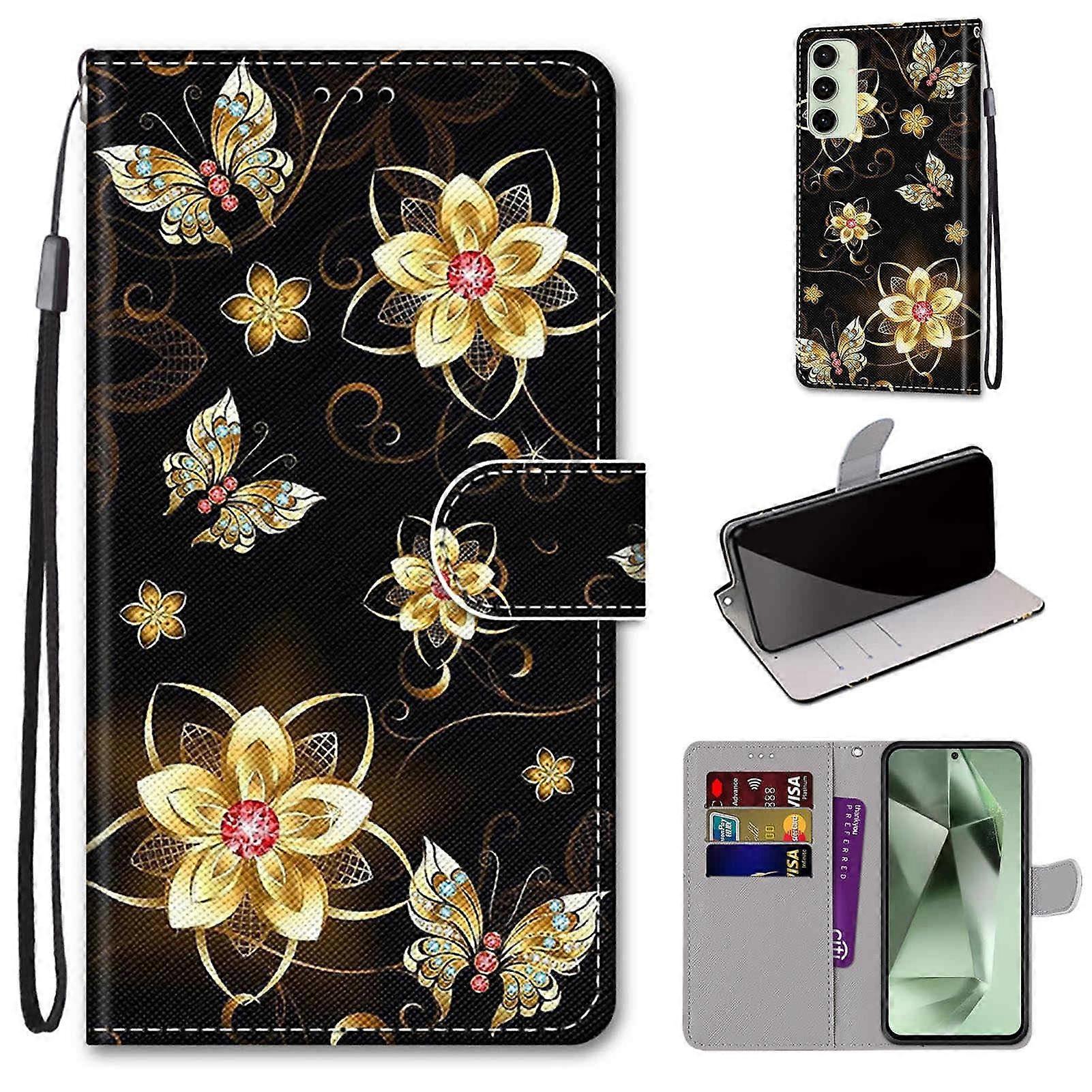 Case for Samsung Galaxy S24 FE, Premium PU Leather Wallet Case with 3 Card Slots, Flip Design, Golden Butterfly Pattern