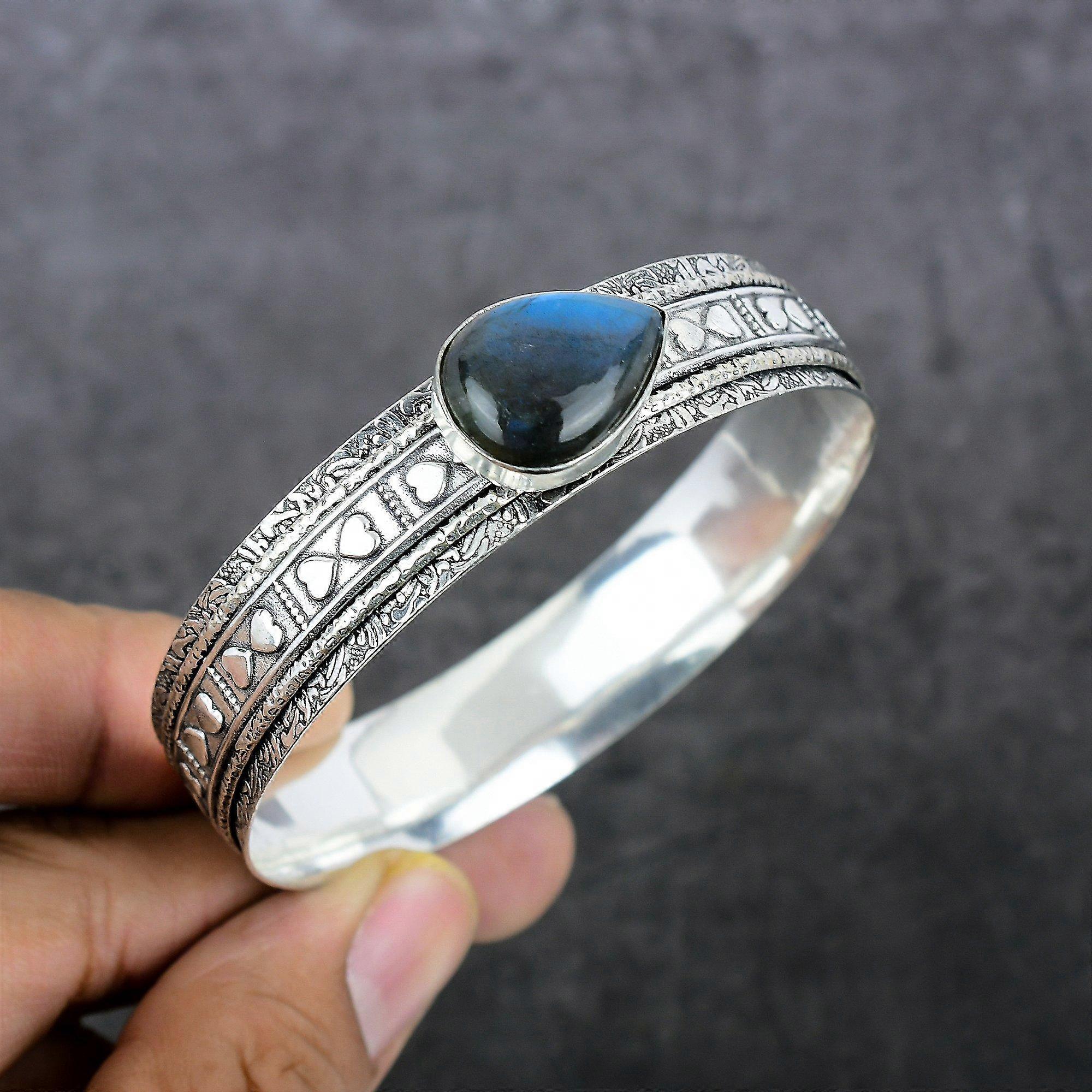 Natural Labradorite Gemstone 925 Sterling Silver Cuff Bangle Adjustable V3W87