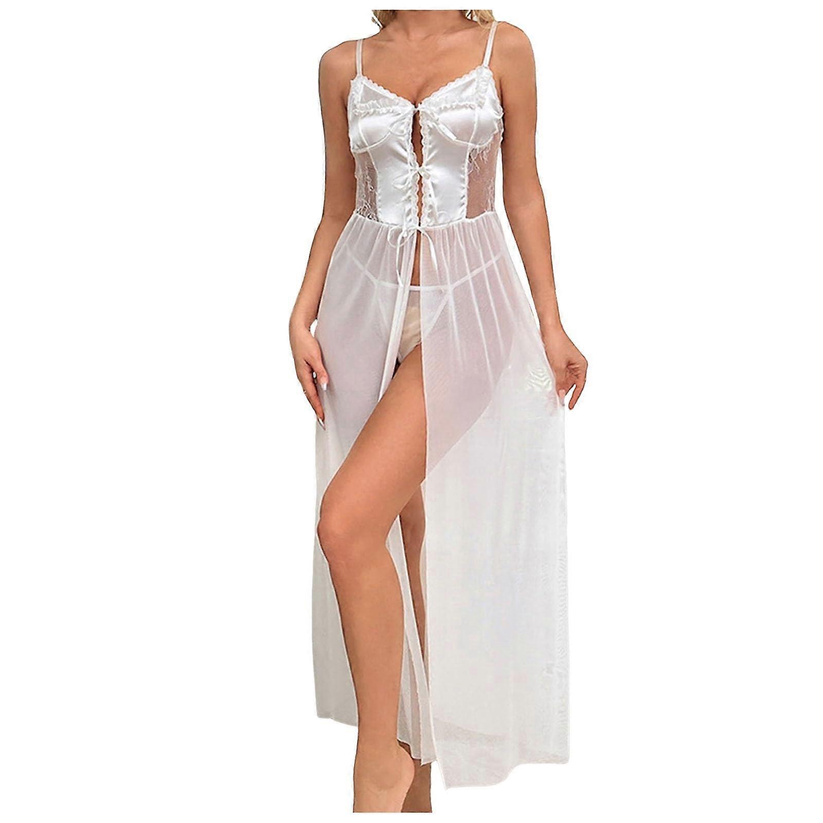 Sexy Lingerie Women's V-Neck Transparent Long Dress with G-String Thong, Mesh Sling Perspective, Elegant Open Design, Size M