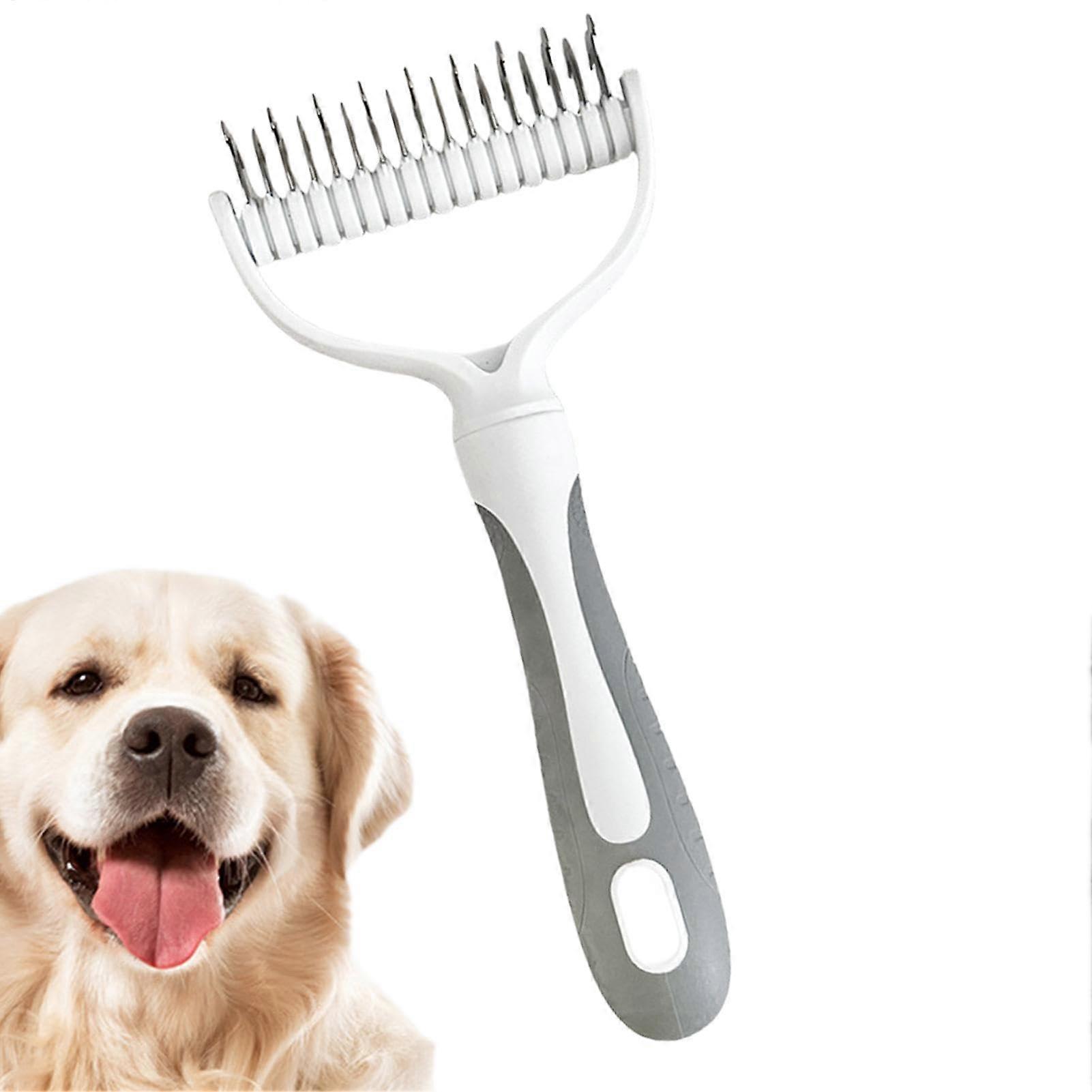 Cat De-Shedding Comb for Long Haired Cats, Double-Sided Dog Brush for Tangle Removal, Pet Grooming Tool in Grey