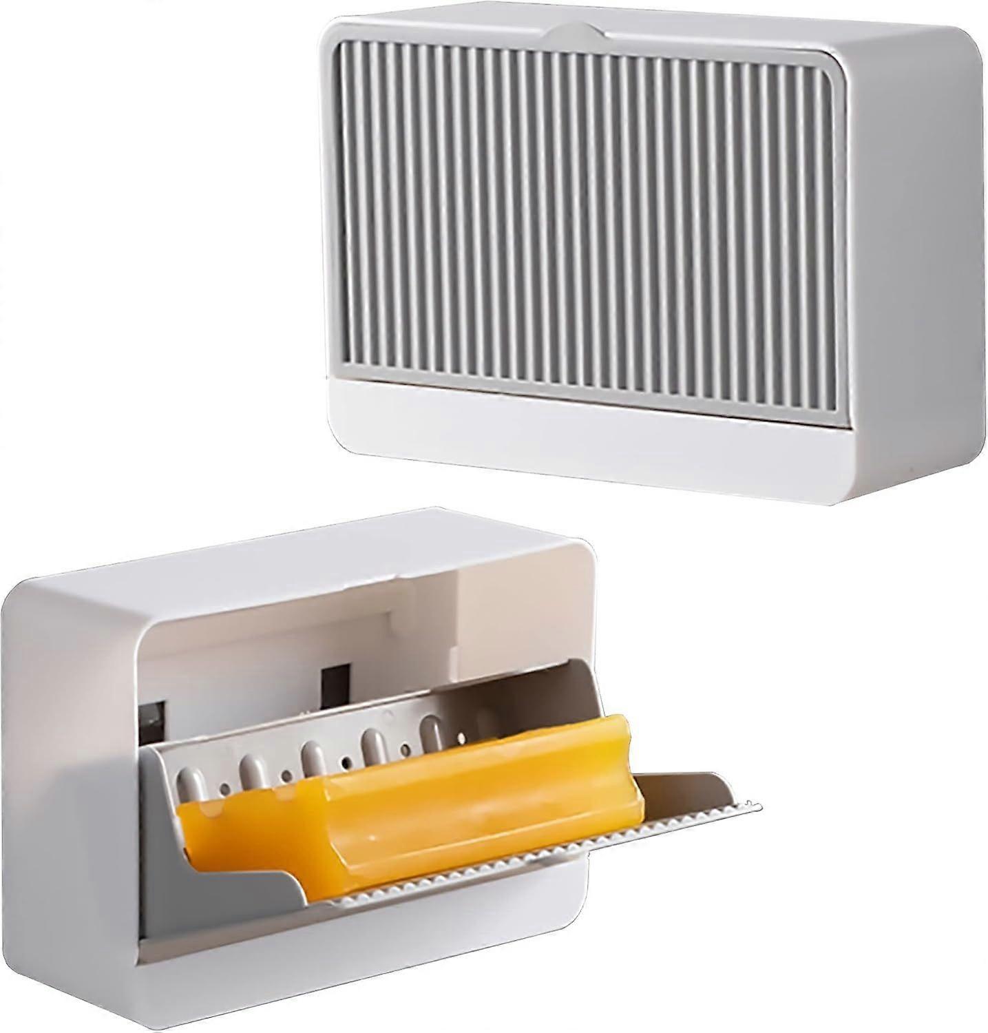 2 Pack Dust-Proof Soap Holder for Shower Wall, Adhesive Wall-Mounted Bar Soap Dish, No-Drill Plastic Soap Saver with Drain