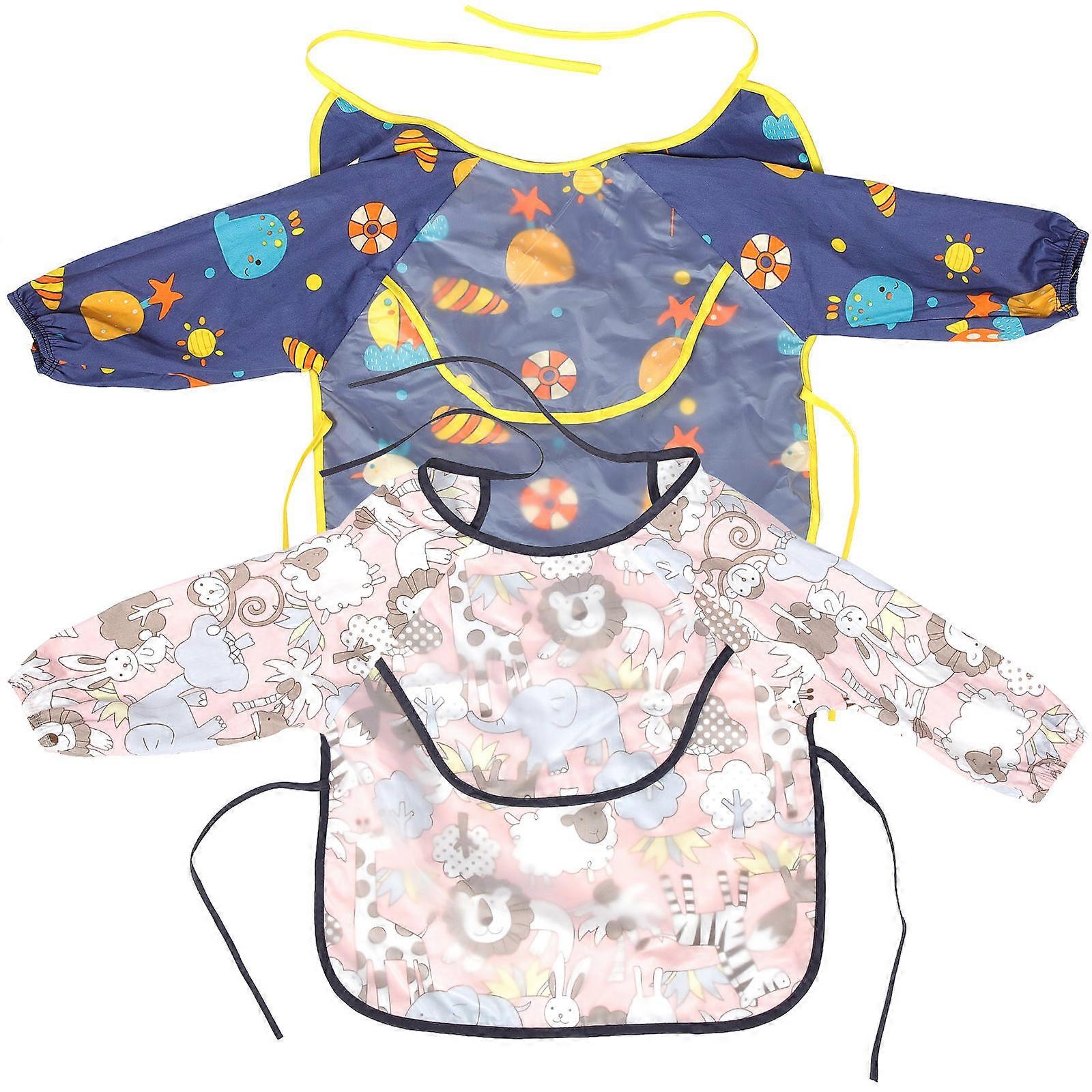 Prevent Staining Baby Long Sleeved Bibs Kids Mealtime Cotton Waterproof Concealable Pocket 2Set