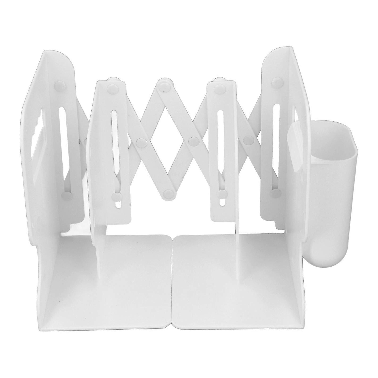 Adjustable White Extendable Bookend with Pen Holder, 492g Heavy Duty
