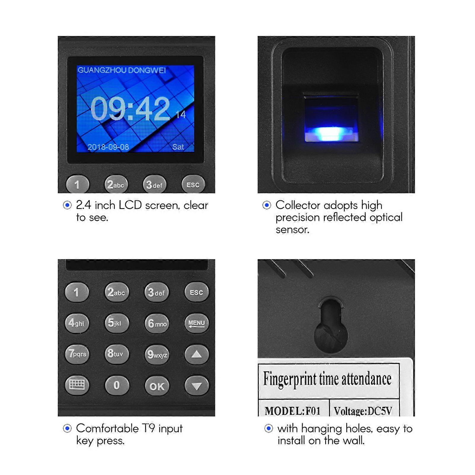 Biometric Fingerprint Password Attendance Machine Multi-language with 2.4 inch LCD Screen Employee Management Time Clock Checking-in Recorder Support 