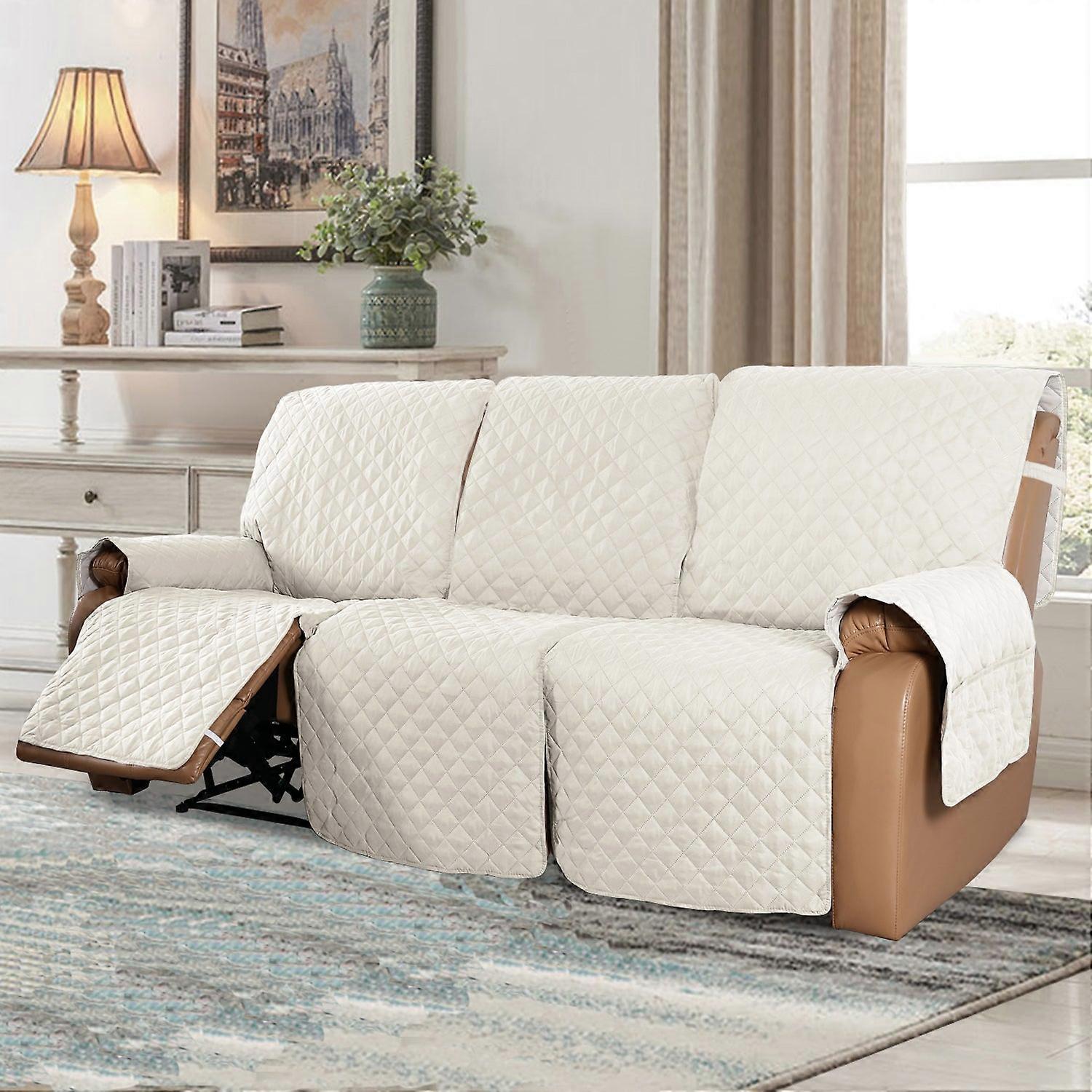 Recliner Sofa Cover For 1/2/3 Seater With Pocket, Slipcovers Reversible Washable Elastic Adjustable Strap For Home,white