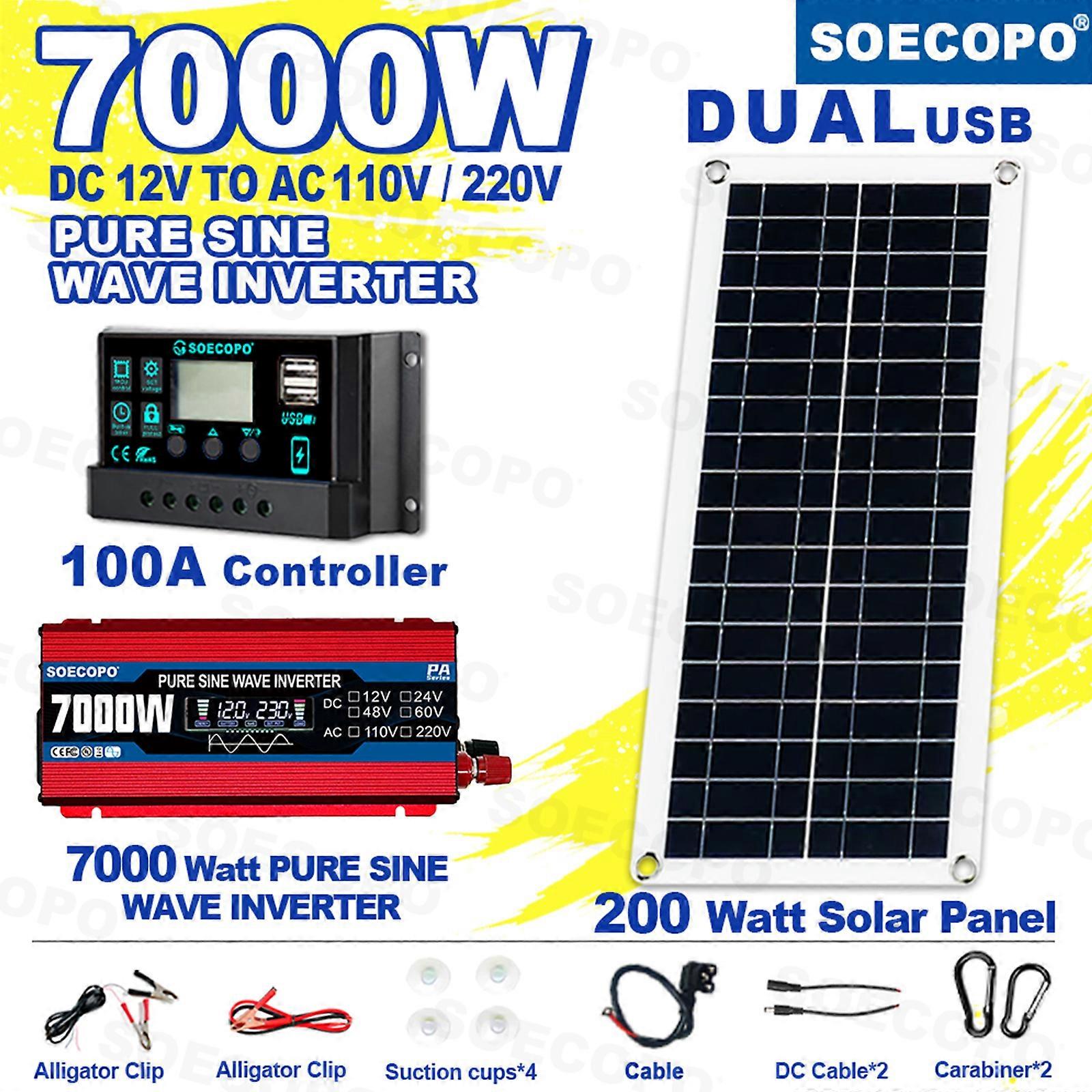 7000W Pure Sine Wave Solar Kit | SOECOPO 200W High-Efficiency Panel + 100A Controller | 12V to 110V/220V AC Inverter