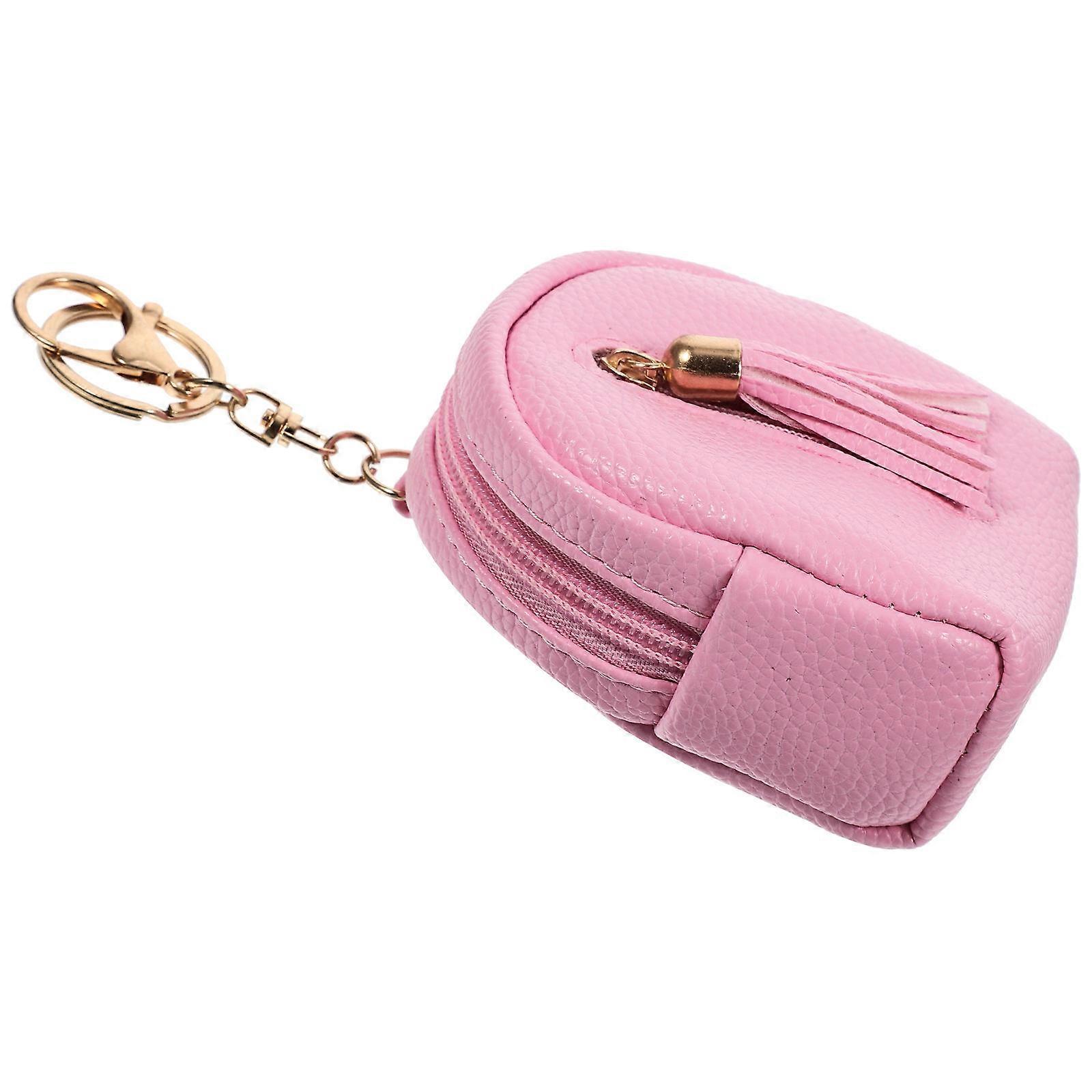 Mini Coin Purse Key Chain For Women Daily Use Crafted From Pink PU Designed With Tassel And Zipper Fastener 1Pcs
