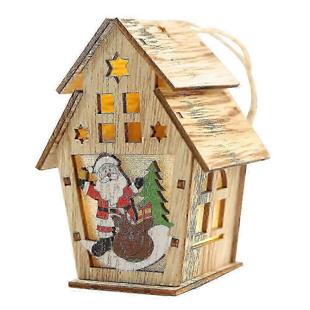 LED Wood House with Santa Claus Decoration for Christmas Tree - Festive Hanging Ornament with Warm Lighting and Rustic Charm