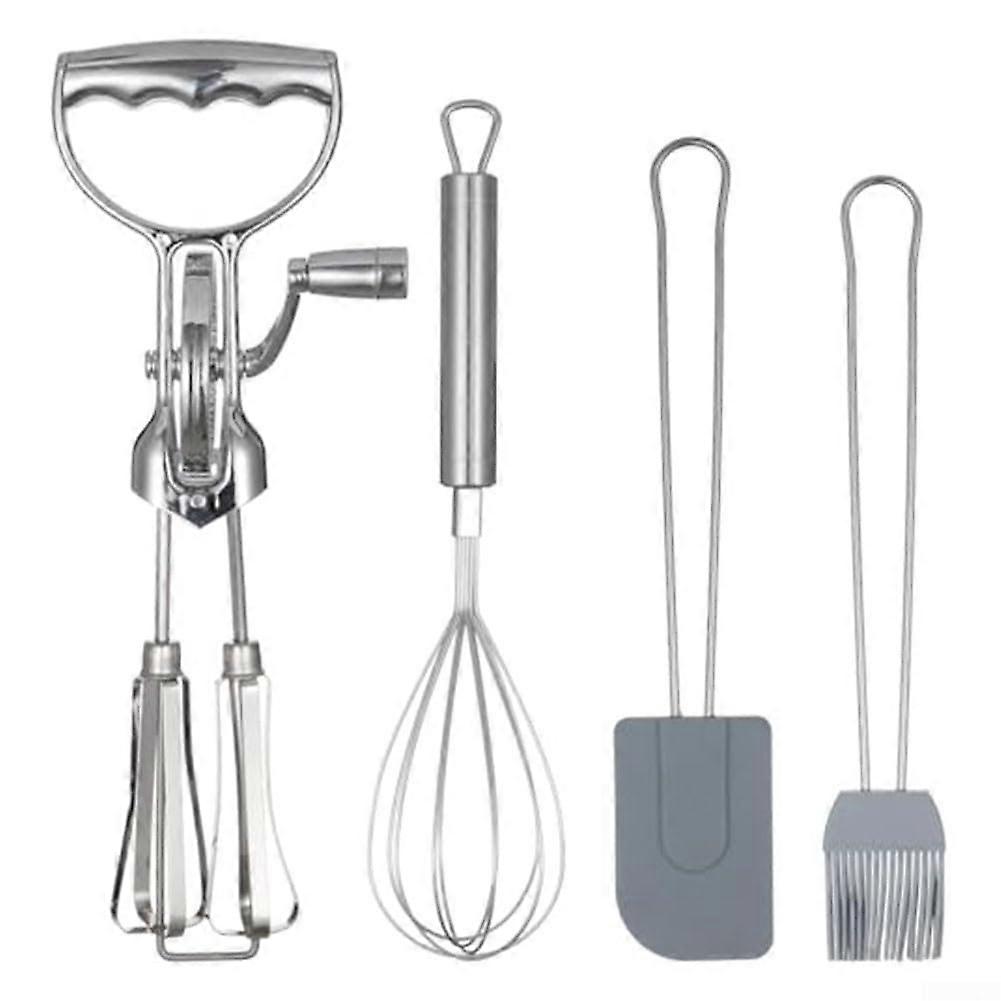 Rotary Egg Beater Set, 4In1 Manual Hand Mixer With Stainless Steel Whisk, Silicone Brush, Spatula For Kitchen Baking