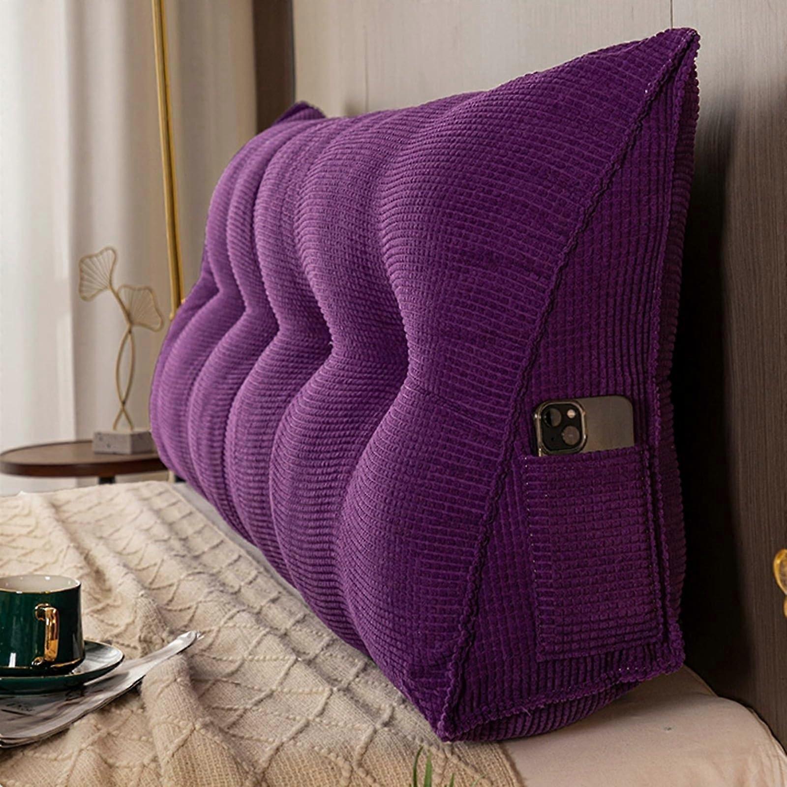 Purple Triangular Wedge Pillow 100x20x50cm PP Cotton Headboard Cushion Body Curve Support Removable Cover Side Pockets