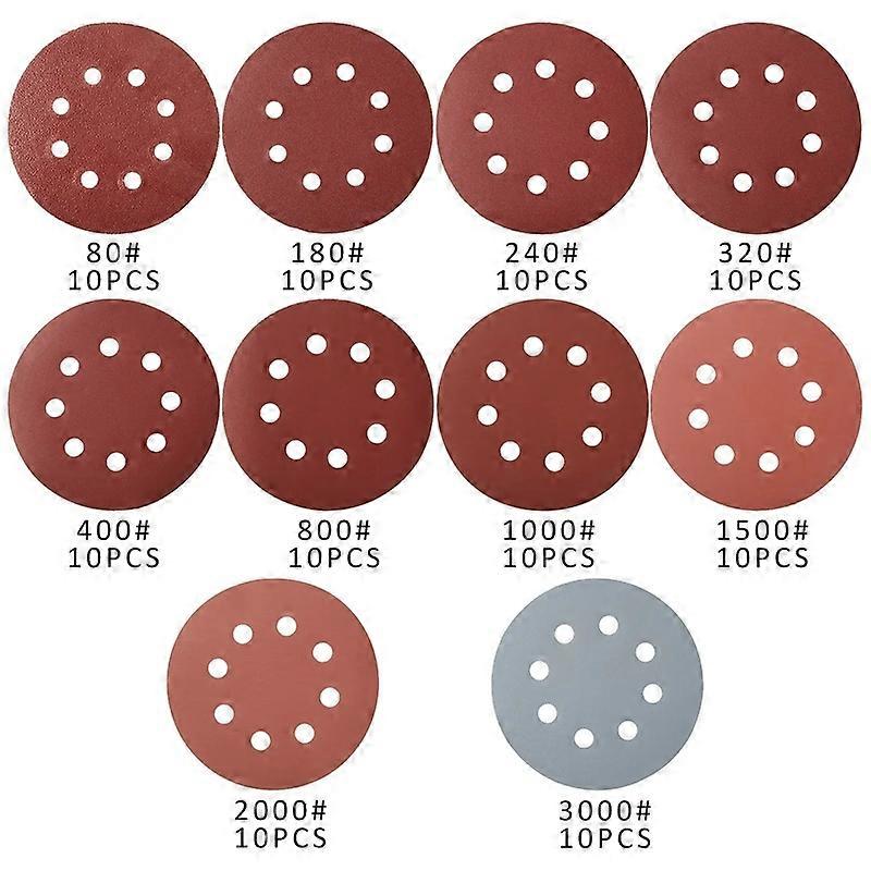 100 Pieces of 125mm Round Sanding Discs, Hook and Loop Sandpaper, 8 Hole Sanding Pads for Polishing