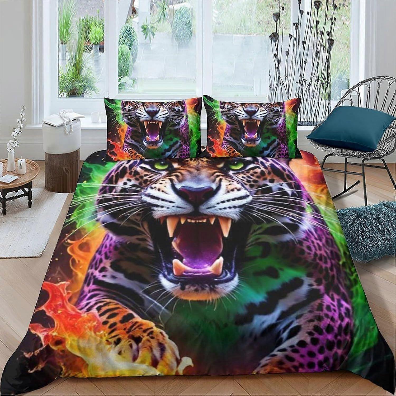 Conjunto de cama com estampa de leopardo em 3D para adolescentes, capa de edredom com fronhas, capa de edredom de microfibra com zíper, tamanho king.