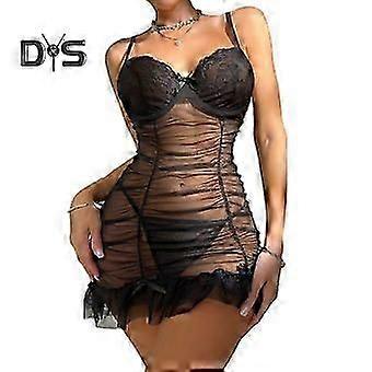 2 Pcs/Set NightdrPanties Set Spaghetti Strap BacklSleevelNightwear Pleated Transparent Mesh Bow Ruffle DrSleepwear Set G-string Set