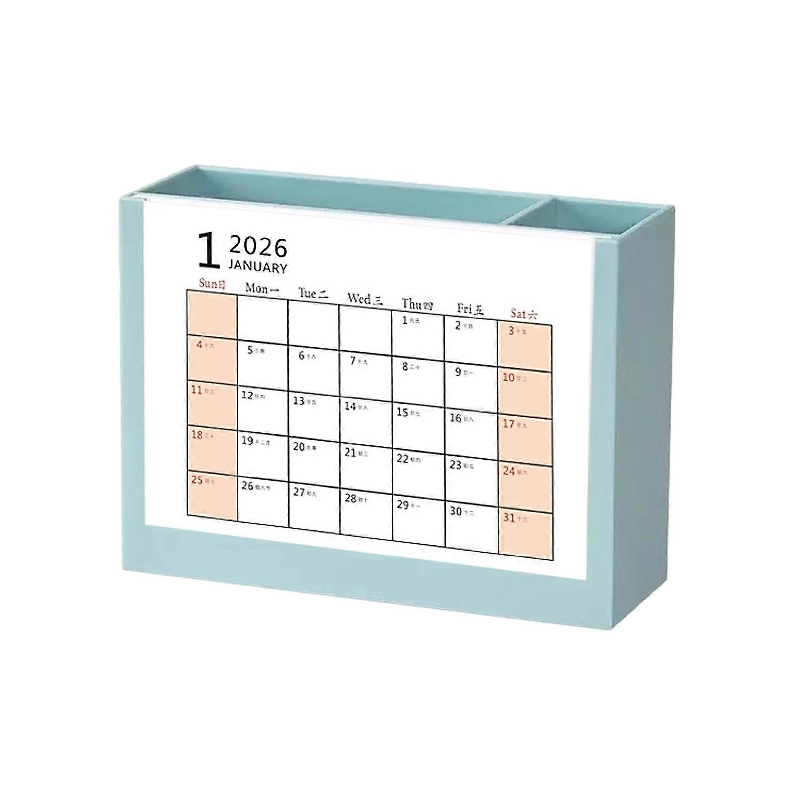 Plastic Pen Organiser and 2026 Desk Calendar Set Two Storage Compartments for Office Decoration and Daily Scheduling  Sky Blue