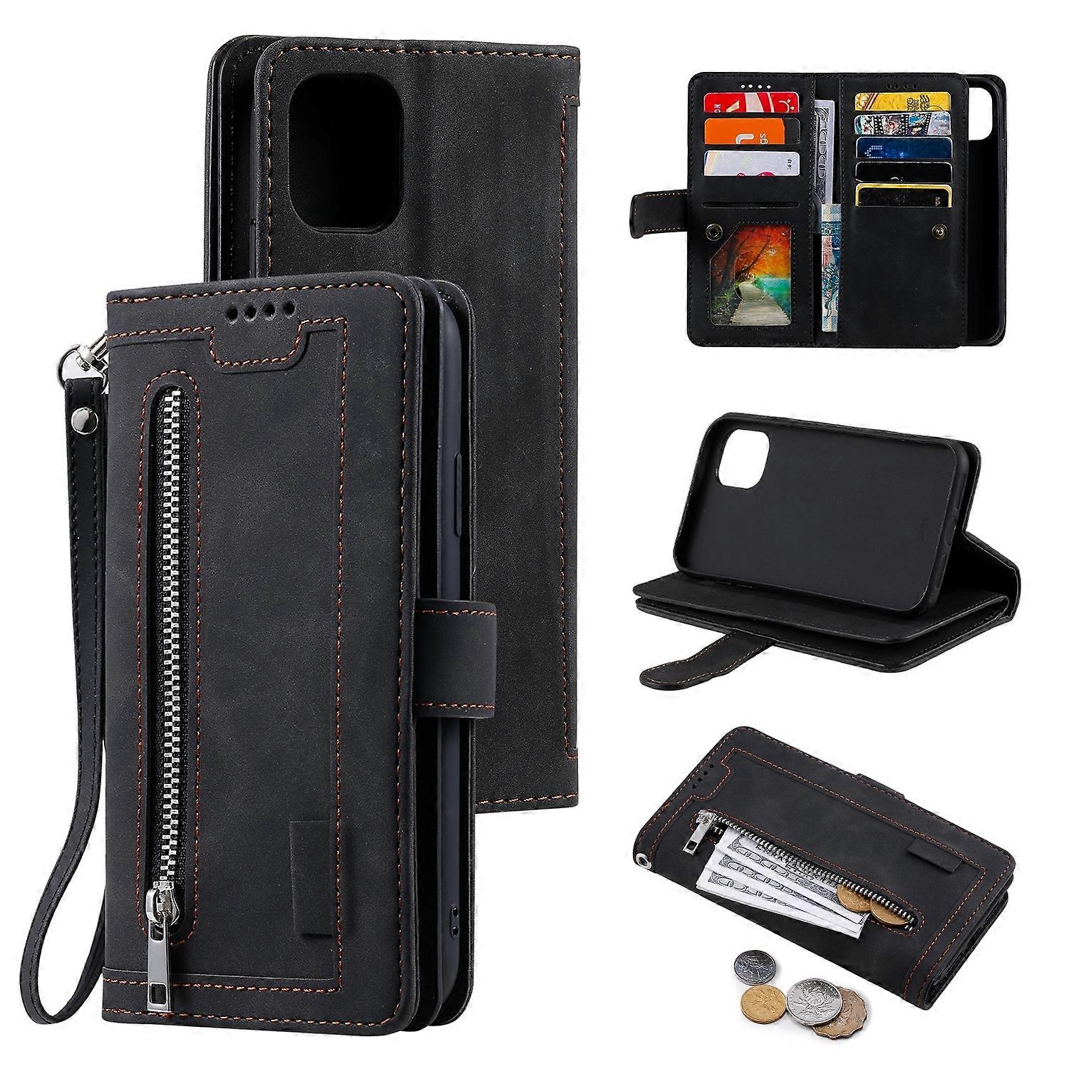 For iPhone 14 Plus 9 Card Slots Zipper Bag Leather Case