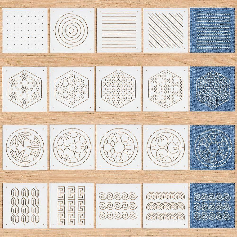 16Pcs 4Styles Plastic Sashiko Stencil 5x5inch Dots Lines Botanicals Continuous Embroidery Tool Drawing Line Template for Hand Quilting and Embroidery 