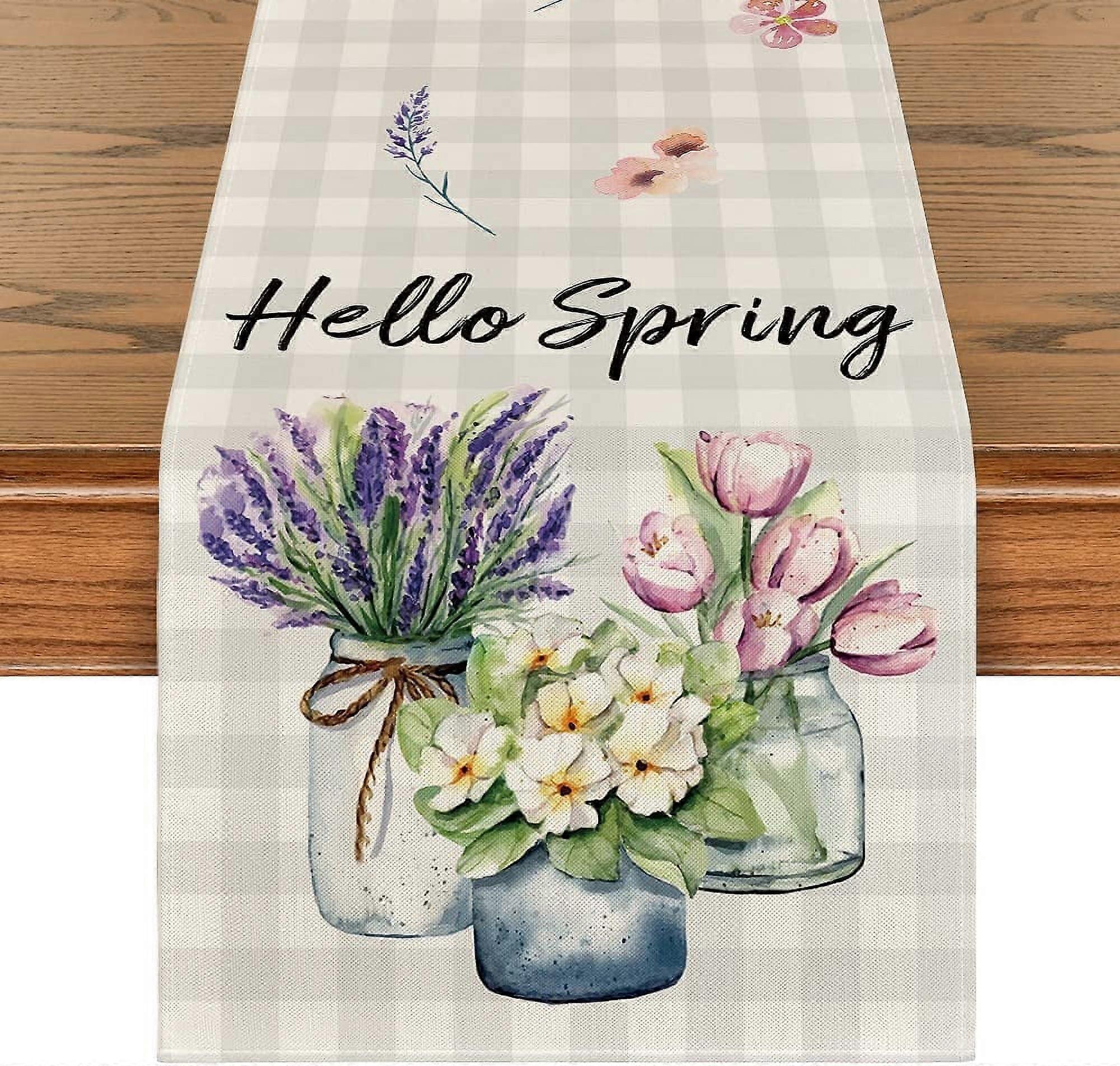 Sm:)e Buffalo Plaid Lavender Vase Hello Spring Table Runner for Dining Table 13 x 72 Inch