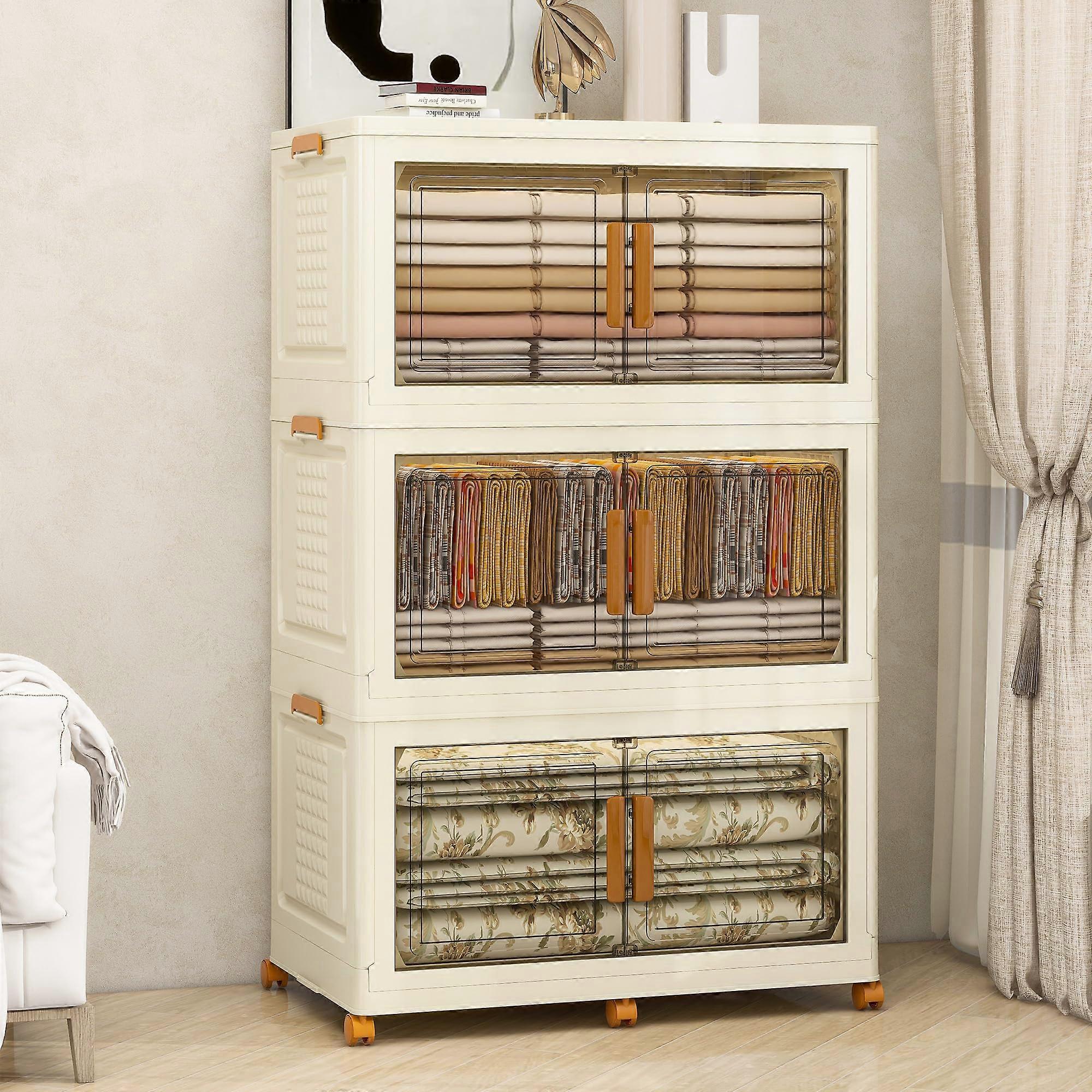 Storage Bins with Lids, Foldable Plastic Stackable Containers with Wheels and Transparent Doors, 114Gal White